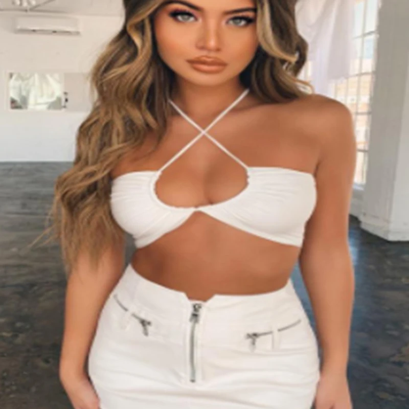 الصيف الأمريكية الشارع نمط بلوزات غير مغطية للكتف مثير الرسن القمم لون نقي بسيط لجام مزاجه موضة الرقبة الرافعة سترة