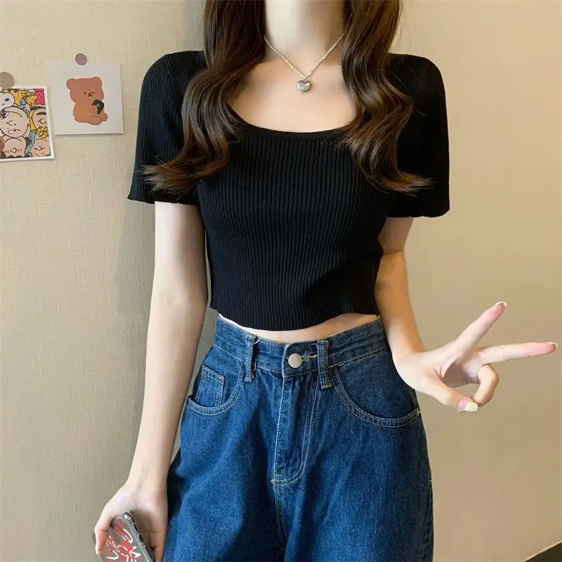 6 Colors Knitted T-shirts Women Basic Simple Crop Tops Summer Thin Square Collar Sexy Fashion Korean Style All-match Female Chic