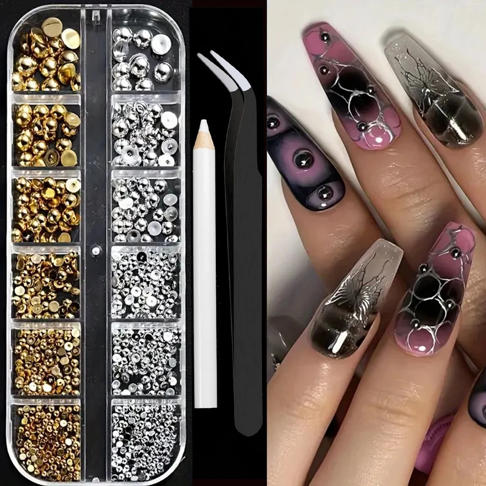 12グリッド3DパンクスタイルパールセミボールネイルアートデコレーションシルバーゴールドミックスサイズジュエリーネイルアクセサリーシャイニーDIYネイルジュエリー