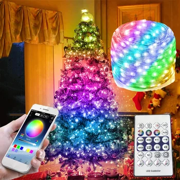 Guirnalda de luces LED RGB para árbol de Navidad, iluminación inteligente para exteriores con control remoto, 10M, 20M, 40M