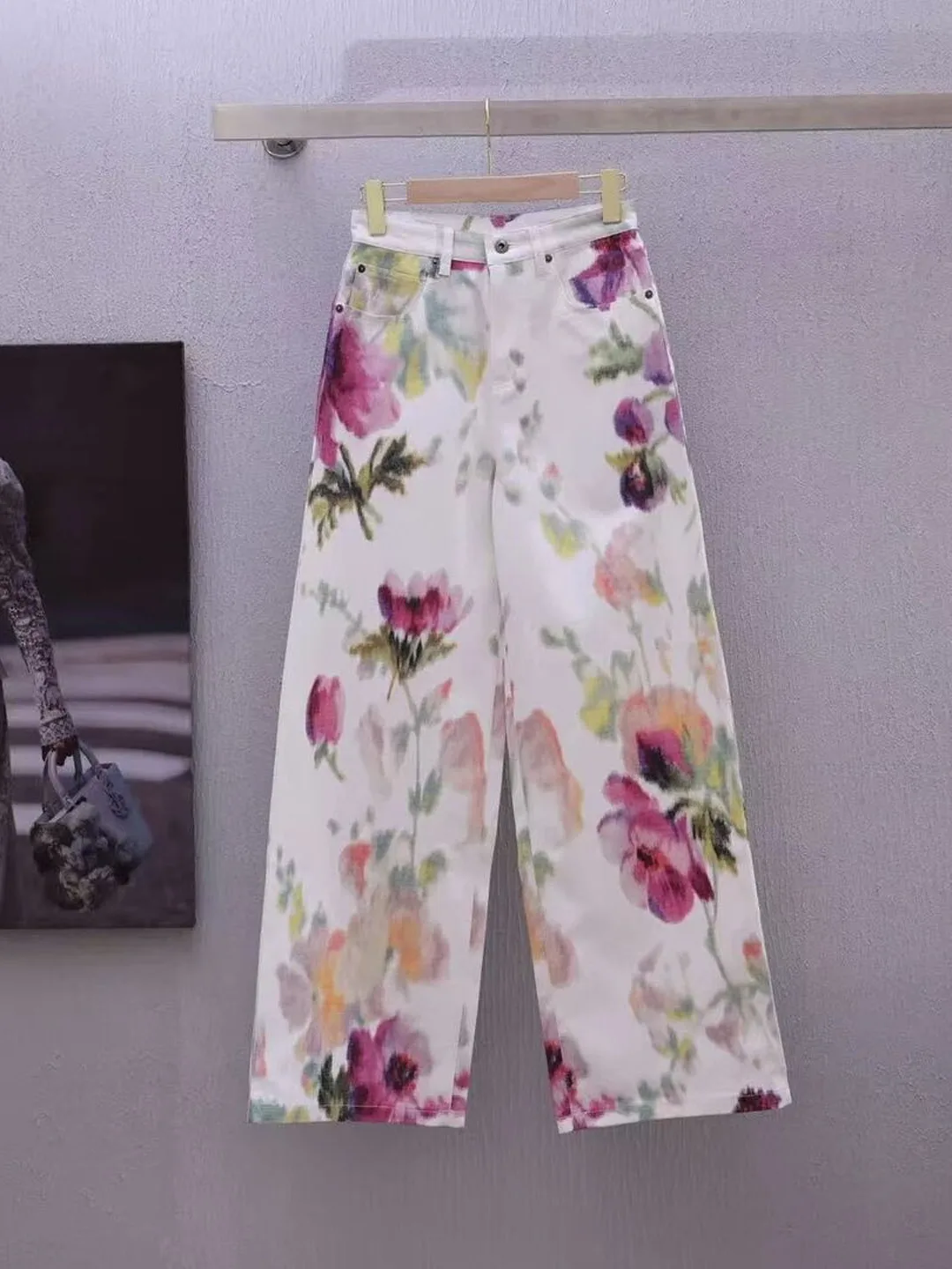 

High Waist Wide Leg Pants Women's Spring Summer New Style Printed Denim Straight Cut Slimming Dopaamine Large Flower