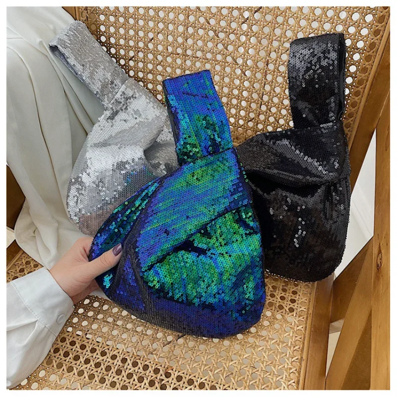 Ladies Trendy Fashion Reversible Sequin Evening Clutch Purse Women Girls Small Glitter Wrist Knot Bag Designer Bags Luxury 2023