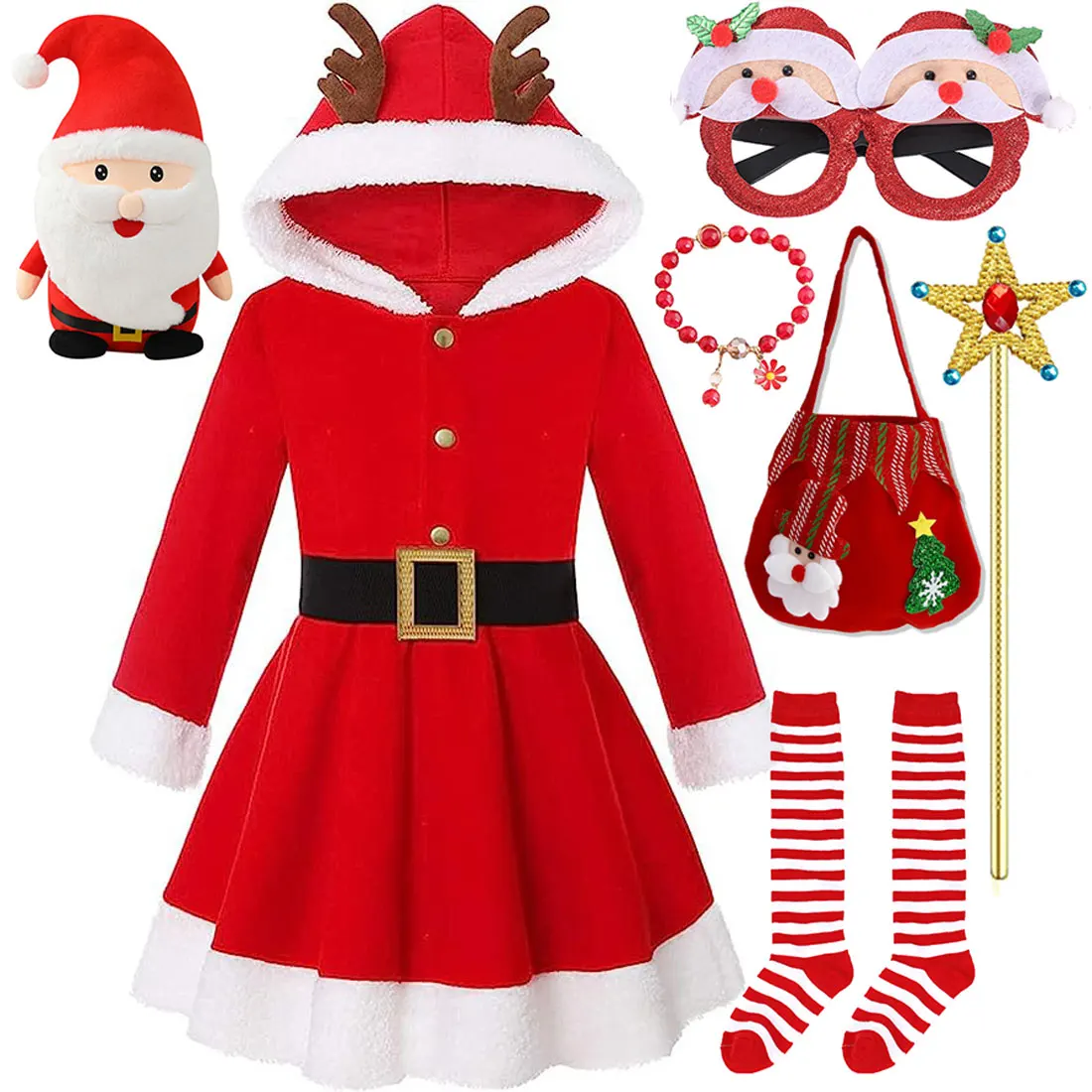 2025 New Year Christmas Holiday Party Dress For Girls Long Sleeve Hooded Red Cute Dress + Accessories Xmas Fashion Costume Set