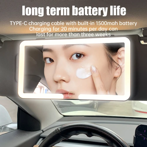 Imagen 2 del producto Parasol para coche, espejo de tocador, pantalla táctil recargable por USB, maquillaje LED, espejo HD, ajuste de 3 engranajes, espejo trasero Interior para coche