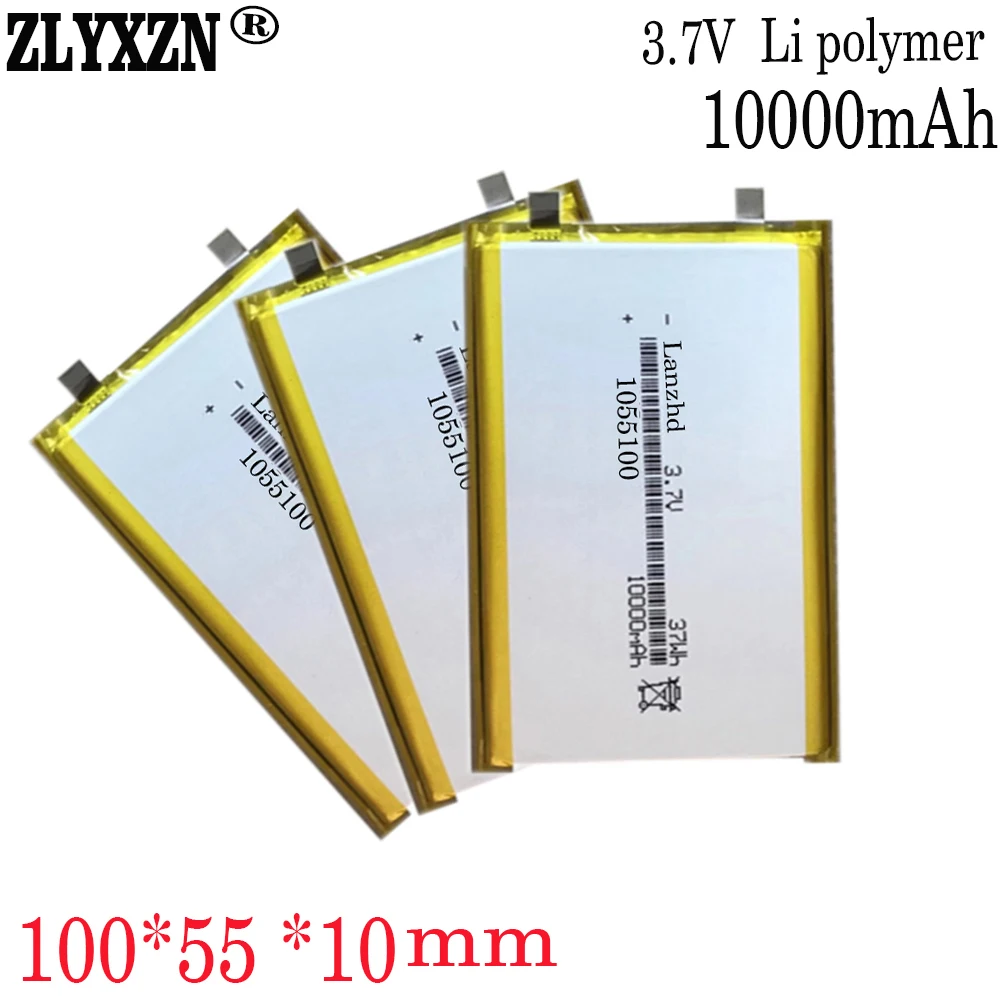 

1-10PCS 3.7V Li Polymer Battery 10000mAh 100*55*10mm Soft package battery For Power Bank Bluetooth Speakers Tablet DVD 1055100