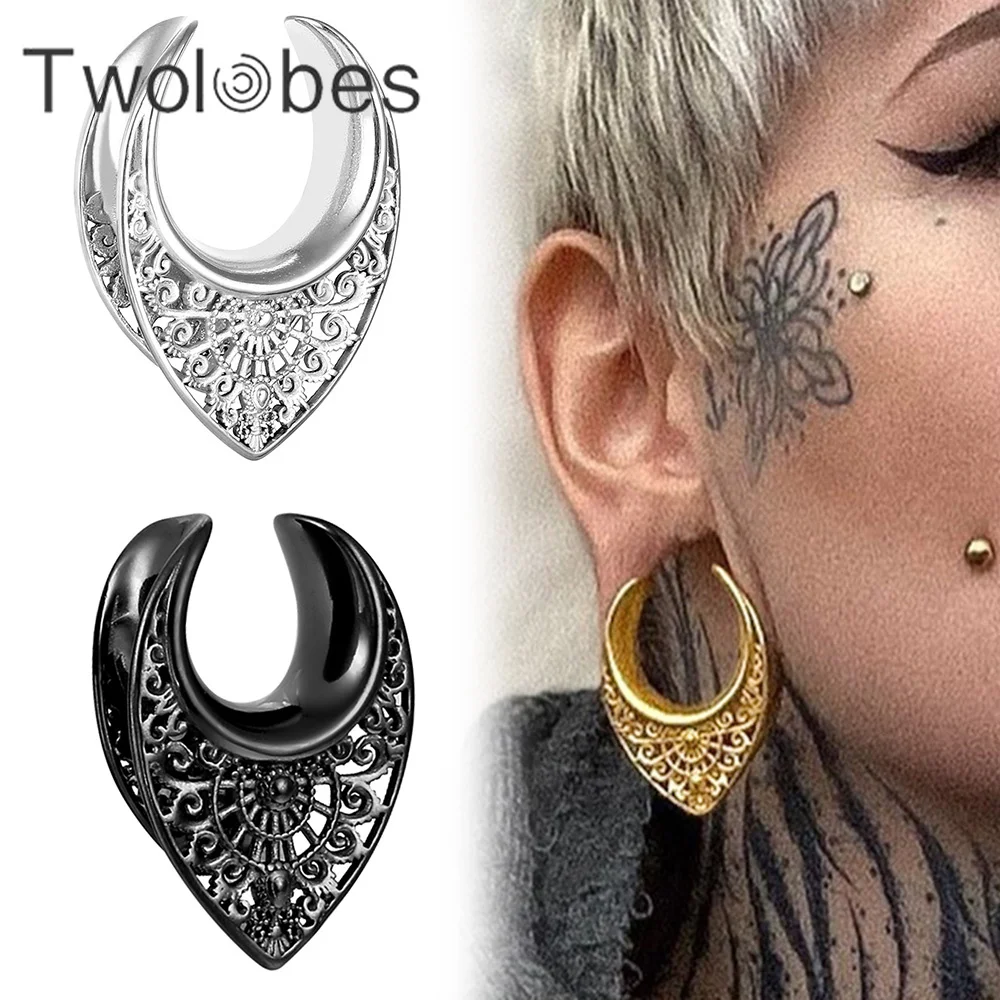 Twolobes 2PCS Vintage 316 Stainless Steel New Saddle Tunnels Hangers Gauges Plugs Piercing Body Jewelry Gift (8-25mm)