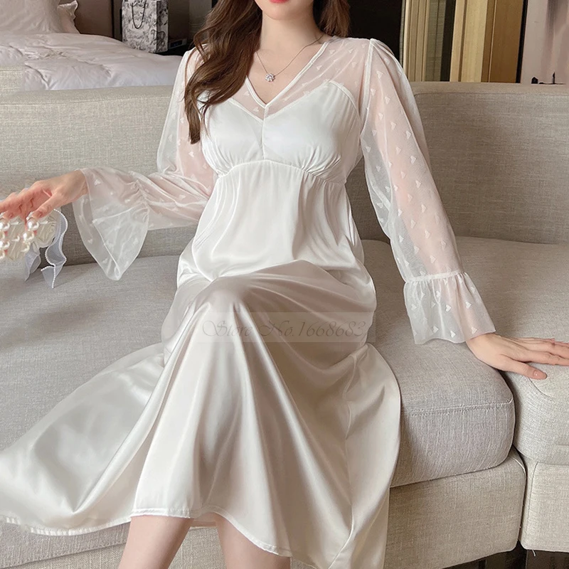 Spring Nightwear Nightdress Female Long Nightdress Sexy Patchwork Perspective Lace Sleeve Sleepwear Bathrobe Casual Home Dress