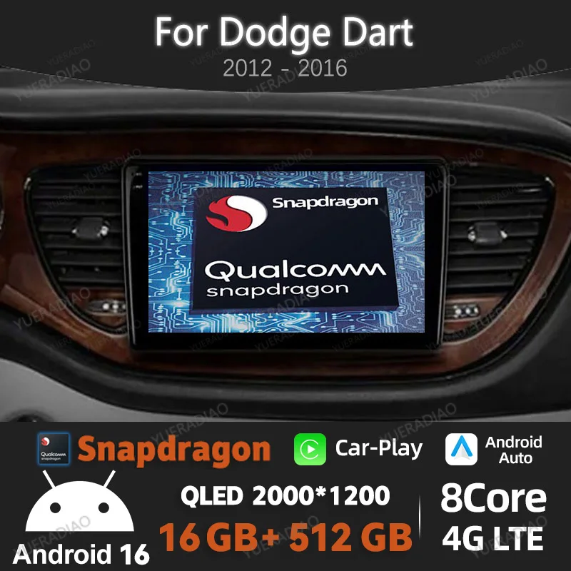 Radio para Auto Android 16 para Dodge Dart 2012-2016, Unidad Principal BT, 4G WIFI, Qualcomm GPS NAVI, Reproductor Multimedia 2DIN, Video QLED LTE 5G