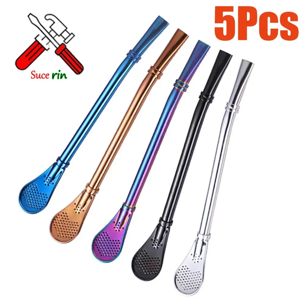 1-5Pcs Colorful 304 Stainless Steel Drinking Straws Washable Reusable Yerba Mate Spoon Filter Straw for Cocktail Bar Accessories