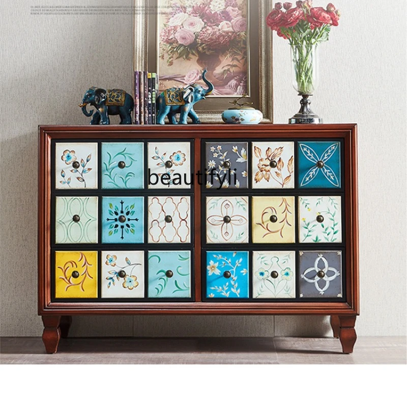 

American Style Six-Drawer Cabinet Solid Wood Vintage Painted Storage Cabinet Living Room Entryway Sideboard