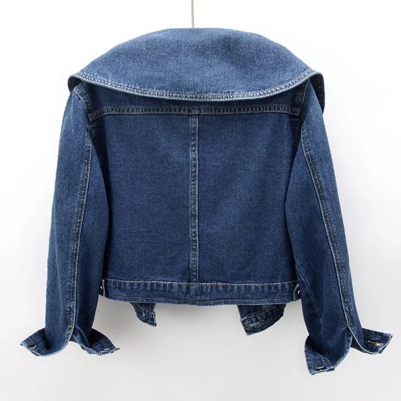 2023 New Women Denim Jackets Korean Sailor Collar Fashion Long Sleeves Button Jean Coat Vintage Crop Female Casual Loose Outwear