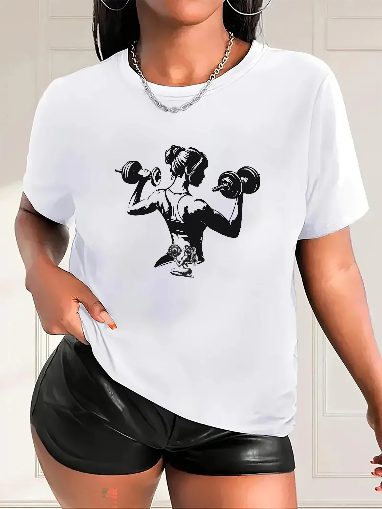 

Women'S Fitness Graphic T-Shirt - Muscle Woman Dumbbell Print Harajuku Sleeve Casual Clothing Street Tops Tees Aesthetic Clothes