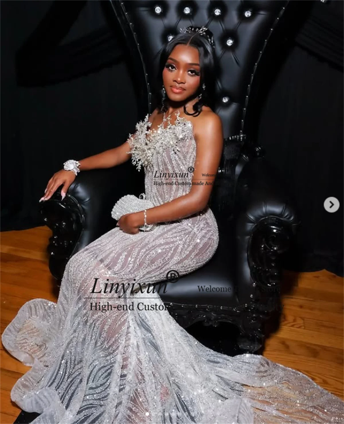 Glitter Sequins Crystals Prom Dresses With 3D Floars Lace Mermaid Evening Party Gown Customized Sexy Black Girl robes de soirée