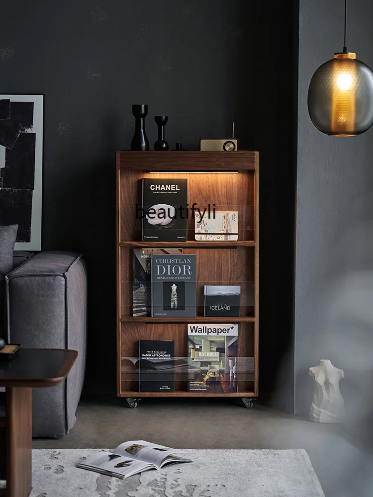 Dust-Proof Bookcase with Glass Door Black Walnut Bookshelf Living Room Home Floor Magazine Solid Wood Locker