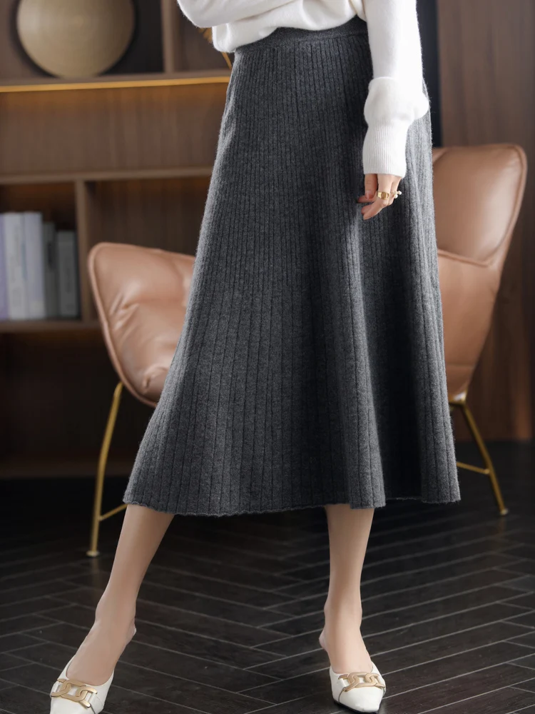 100%Pure Wool Knitted Skirts Women Autumn-Winter Mid-Length High-Waisted A-line Akirts Wild Cashmere Thicken Knit Umbrella Skirt