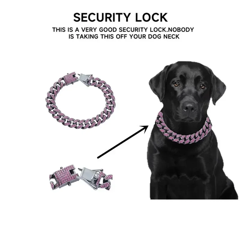 12mm Purple Lab Diamond Dog Cuban Chain Collar Secure Buckle Sparkle Bulldog Necklace Cat Collars Pet Jewelry Accessories