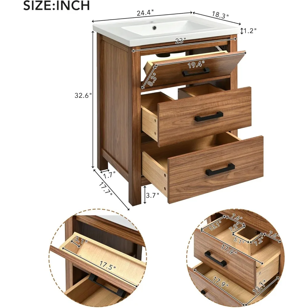 Tocador de baño de 24" con lavabo, tocador de baño con cajón abatible y dos cajones extraíbles, lavabo individual independiente, madera