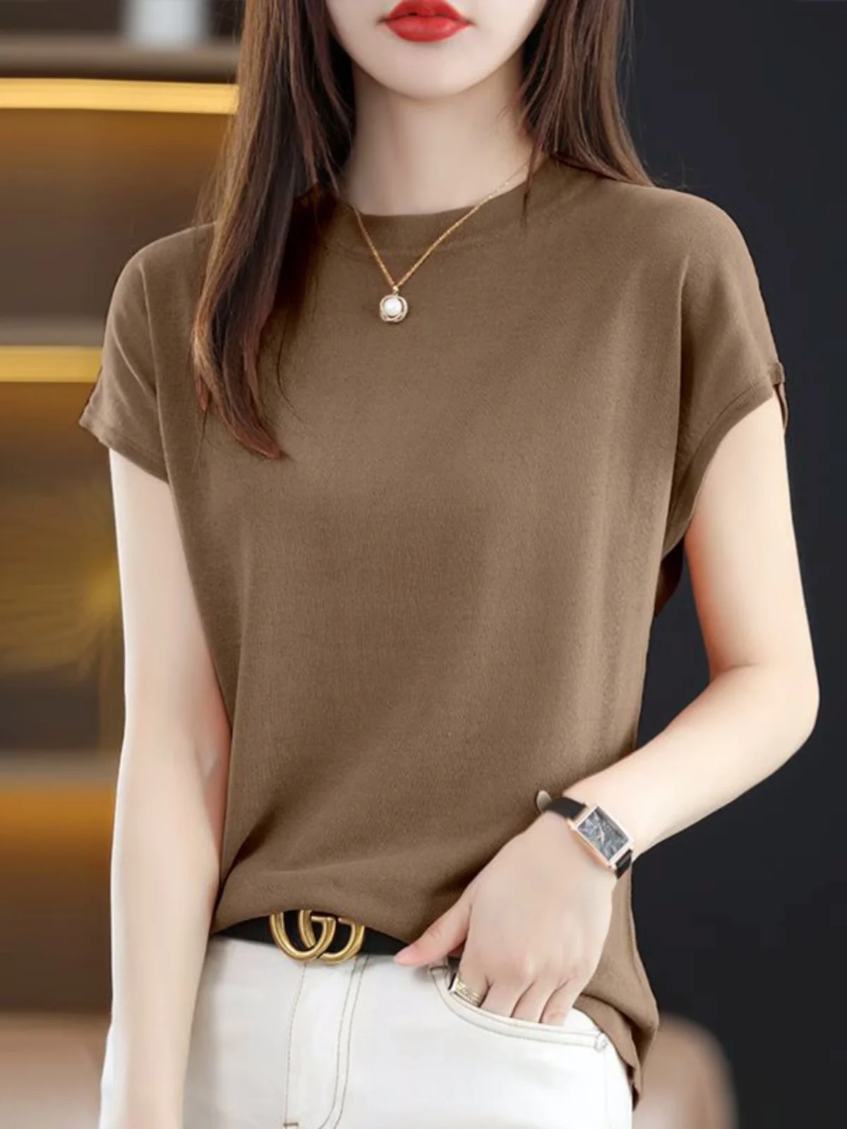 ice-silk-loose-knitted-short-sleeve-t-shirt-women's-summer-new-round-neck-base-shirt-with-pocket-handkerchief-korean-style