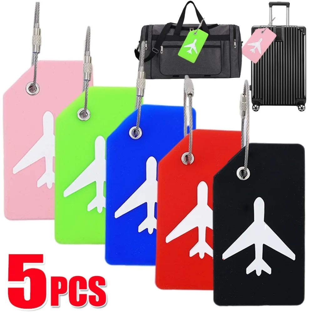 Etiquetas de equipaje de silicona para maletas, accesorios de viaje, soporte para tarjetas de identificación, identificador de equipaje con bucle de acero inoxidable, 1/5 Uds.