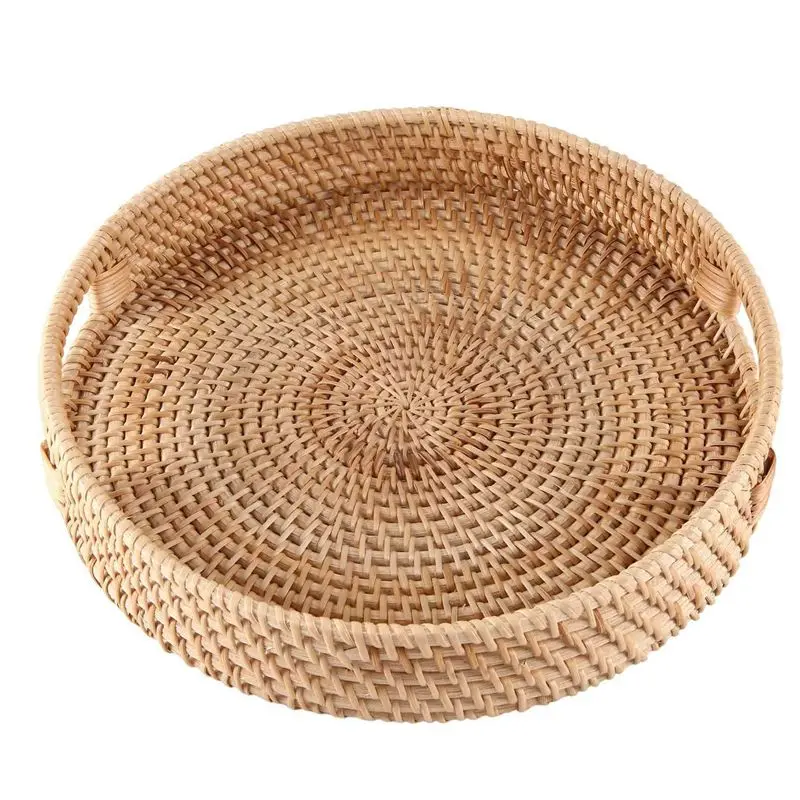 AT63-3X Round Rattan Serving Tray Decorative Woven Ottoman Trays With Handles For Coffee Table Natural(Small)