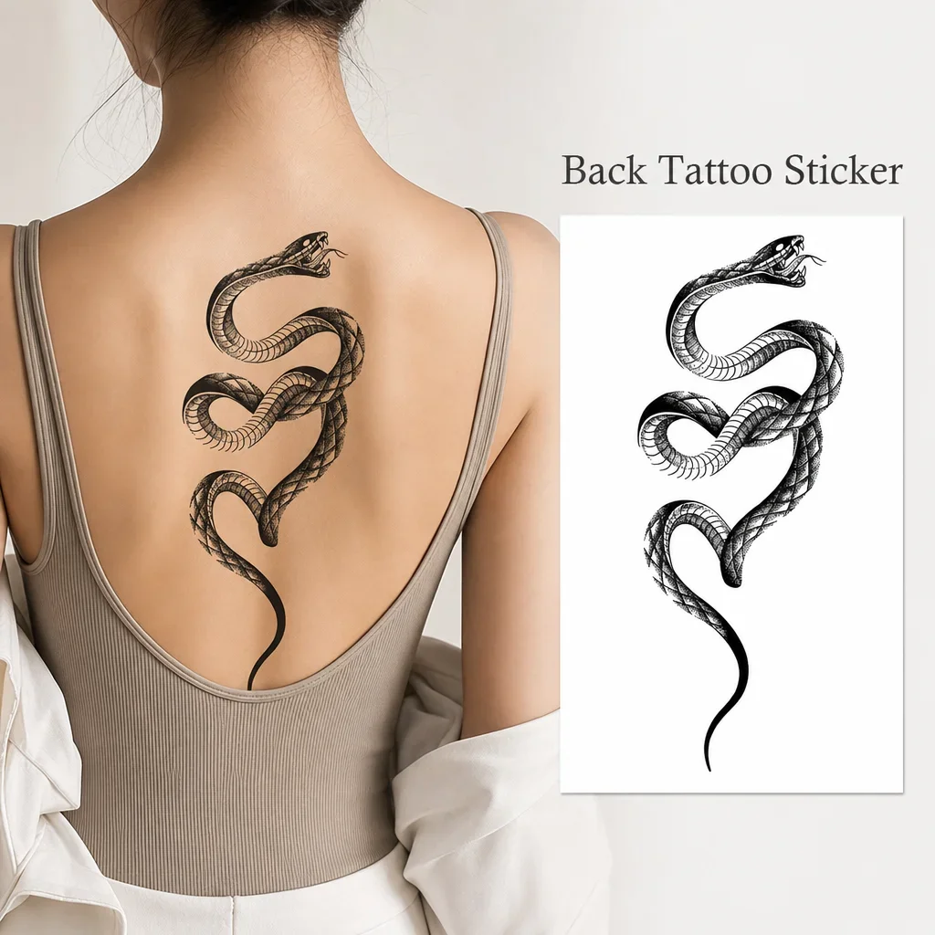1 Sheet Per Pack Temporary Tattoo Sticker Black Waterproof Long Lasting Snake Blackwork Realistic Line Art Spine Back for Women