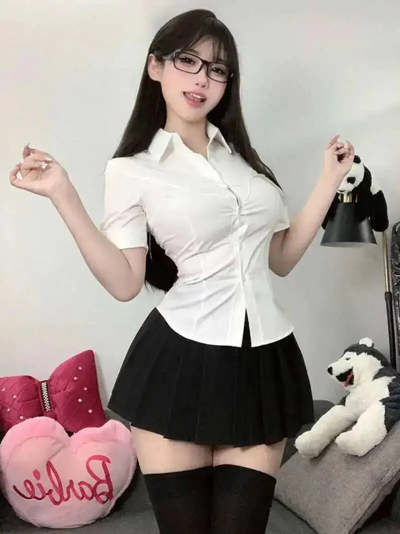 

2025 Spring/autumn New Pure Desire JK Spicy Girl Lapel Short Sleeve White Shirt+high Waisted Pleated Skirt Two Piece Set D8US