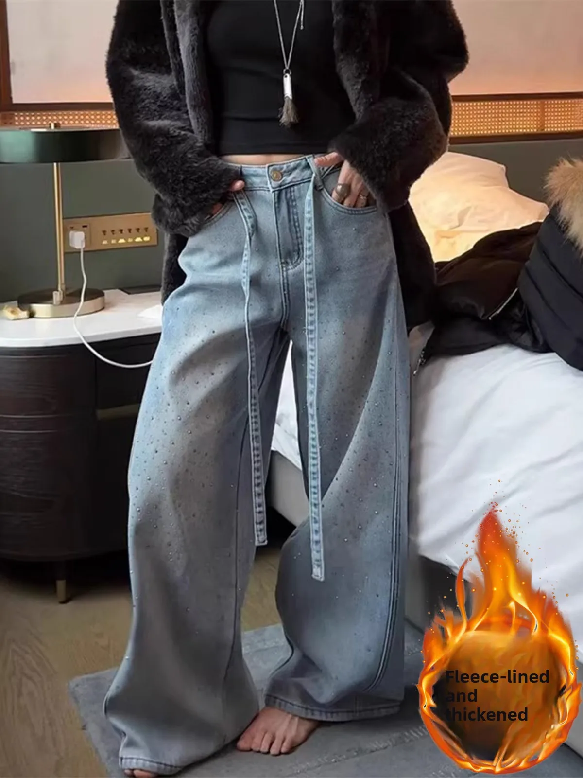 

Retro Rhinestone High Waist Wide Leg Denim Jeans Women's Fce Spring New Loose Casual Slimming Long Pants