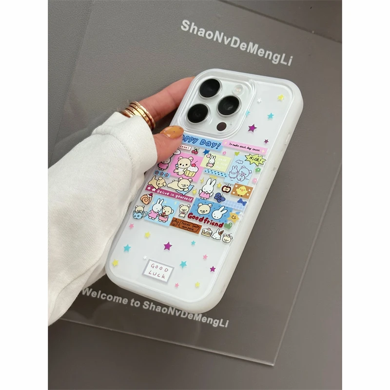 Nicho colorido estrella conejo oso ilustración caso para iPhone 16 15 14 13 12 Pro Max lindo Y2k niñas minimalismo cubierta suave