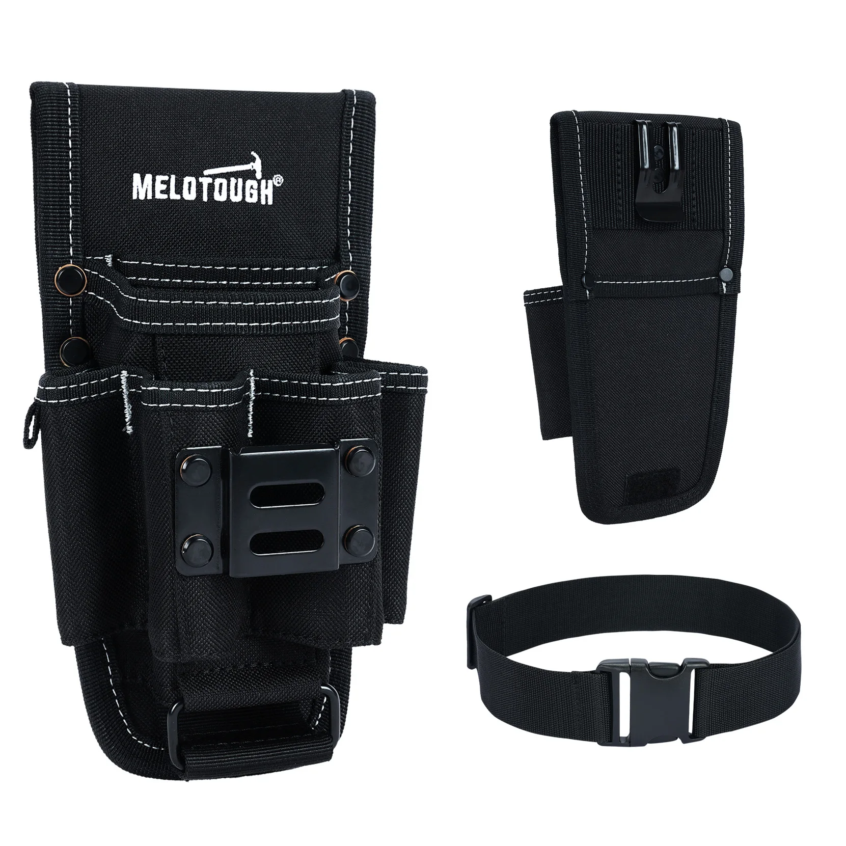 Black 7-Pocket Electrician Tool Pouch, 600D Oxford Fabric Clip-On Tool Organizer with Tape Measure Holder