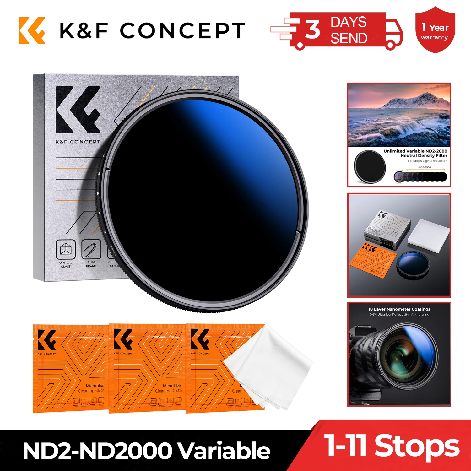 K&F Concept ND2-ND2000 Filter (1-11 Stops) 3 Pcs Cleaning Cloths Variable Neutral Density for Camera Lenses Nano-K Series Filter