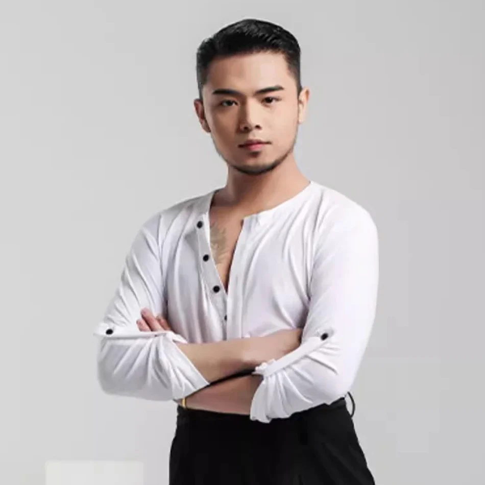 Manches bouton conception hauts mâle danse latine tissu pour hommes danse de salon Samba Rumba scène Performance Dancewear NY63 7130