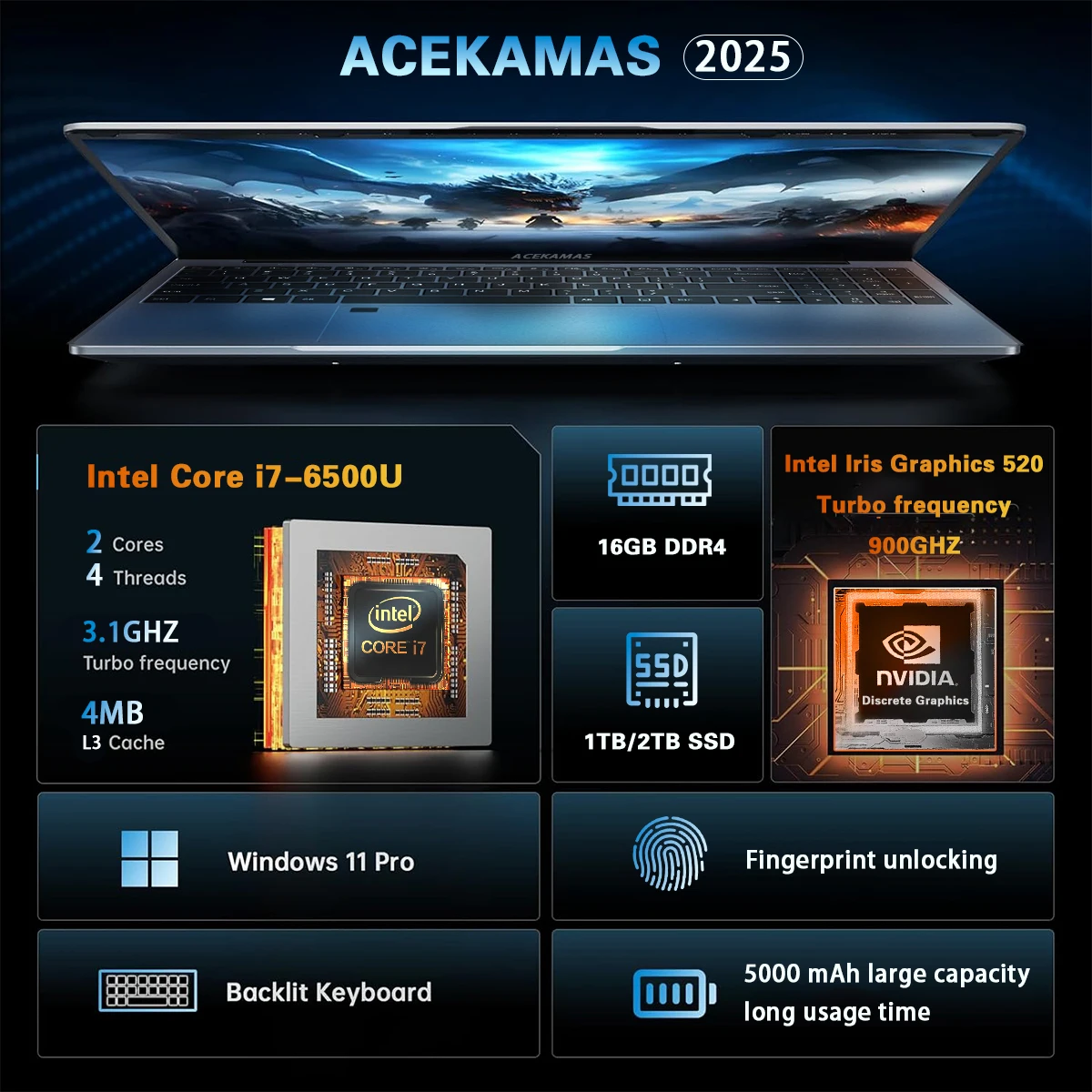 ACEKAMAS 2025 15.6 "كمبيوتر محمول Intel Core i7 6500U الكمبيوتر المحمول الألعاب ويندوز 11 برو 16GB DDR4 1 تيرا بايت SSD مكتب دراسة أجهزة الكمبيوتر المحمولة