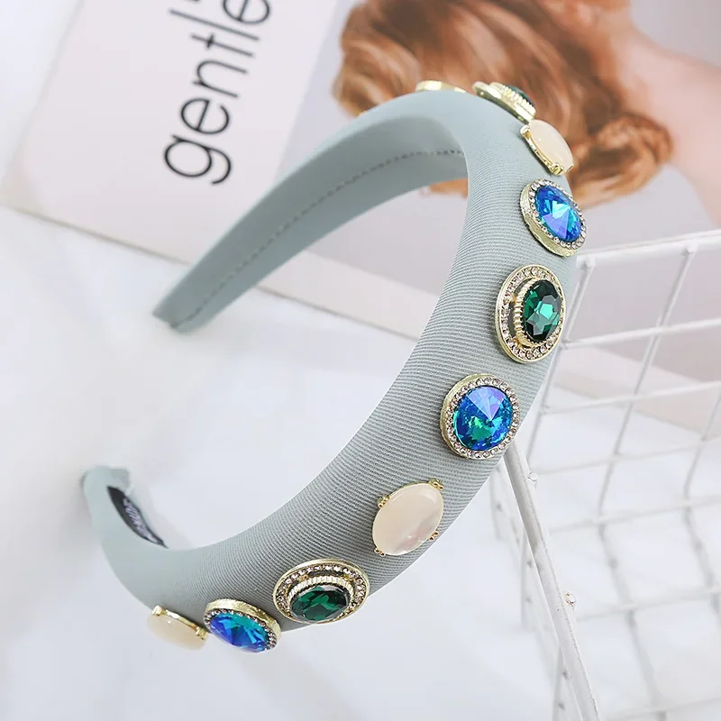 Pastel Blue Padded Hairband Aurora Crystal Jewel Headband Round Opal Stone Hair Hoop Statement Wedding Prom Headpiece view 5