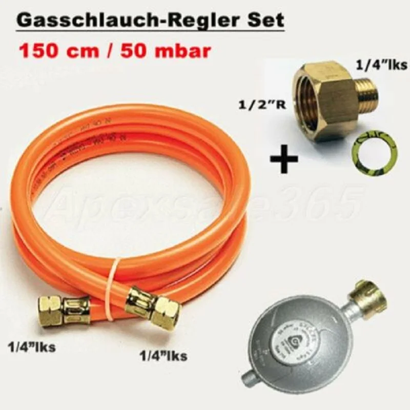 150 cm Hose +50 mbar Pressure Regulator Hose Regulator Set for Gas Grills 1/4 Inch Left Thread Pressure Regulator +Hose 150 cm