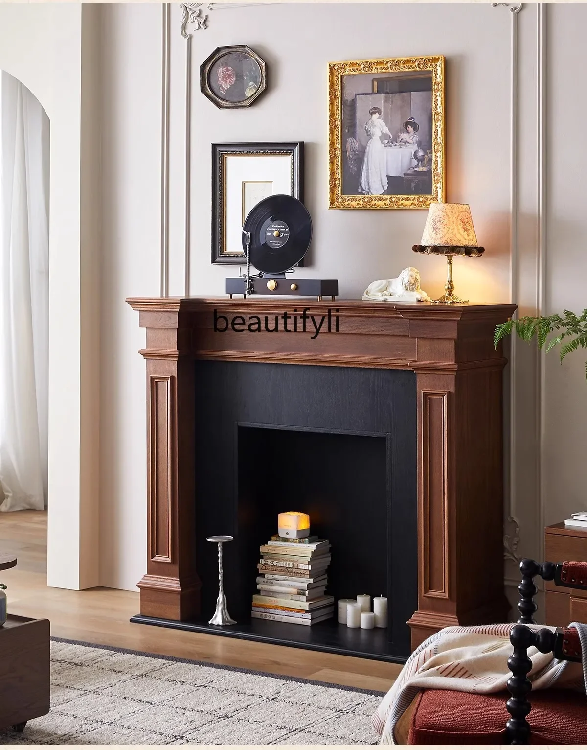 S132  French retro solid wood decoration living room flame fireplace rack medieval furniture simulation fire mystery cabinet