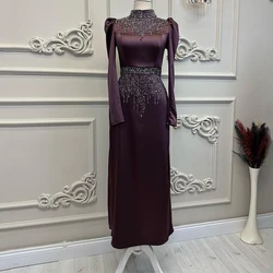 Flechazo Long Sleeves Evening Dress High Neck Beading Applique with Belt Ankle Length Classic Satin Women Gown for Wedding Guest