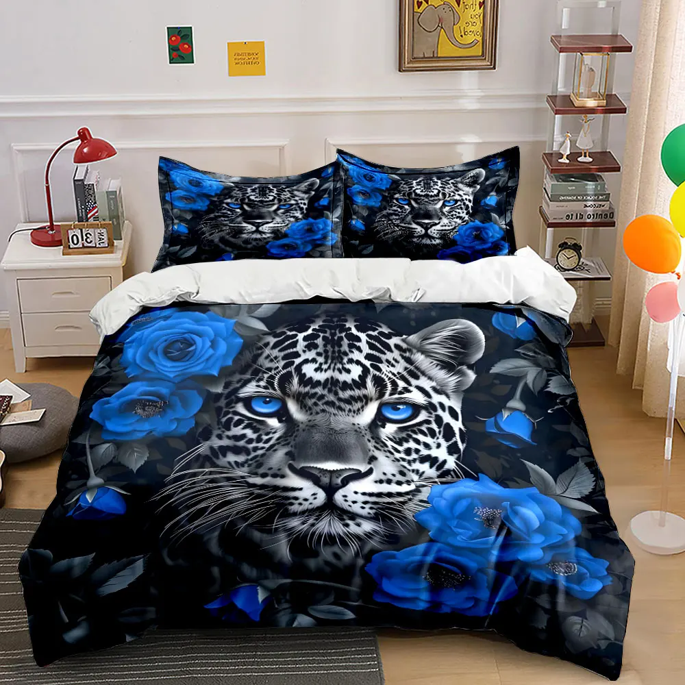 Leopard with blue eyes and roses Duvet Cover Set with 3D Printing Design Soft Polyester Bedding Set All-Season Comfort