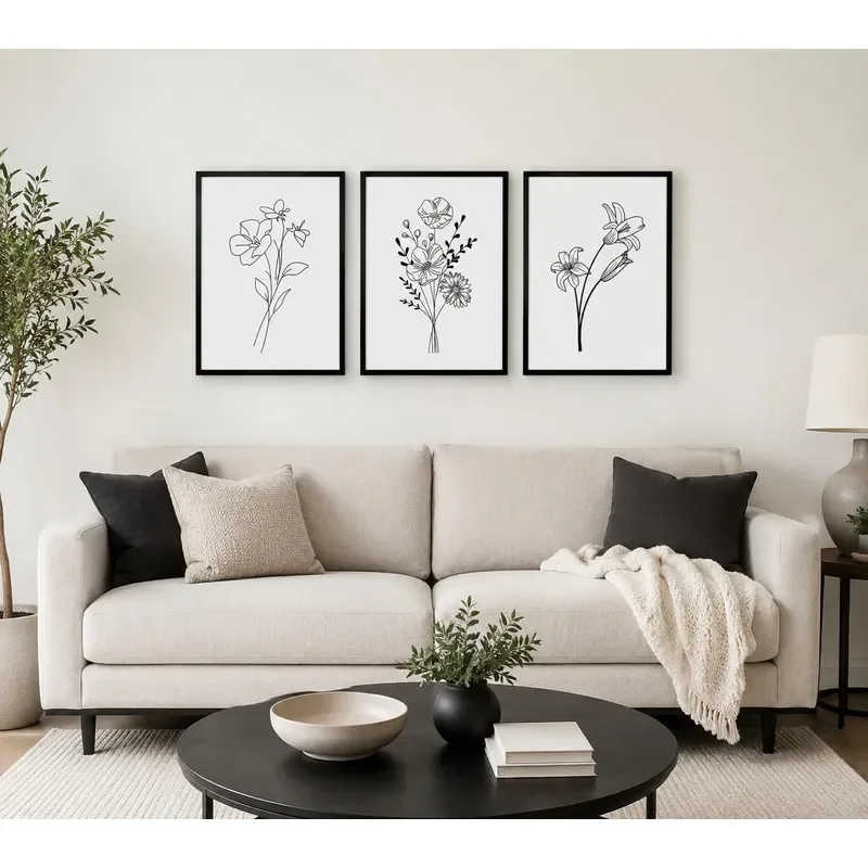 Framed canvas black and white floral wall art three-piece set decorative painting simple plant poster line drawing flower