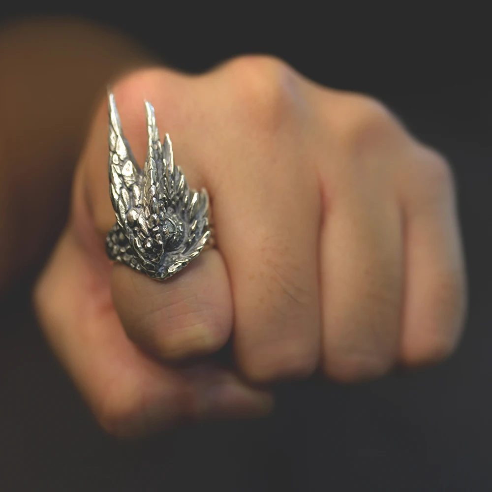 

MengG Real S925 Sterling Silver Dragon Head Original Design Solid Adjustable Man Ring Sculpture Handmade Gift Personality