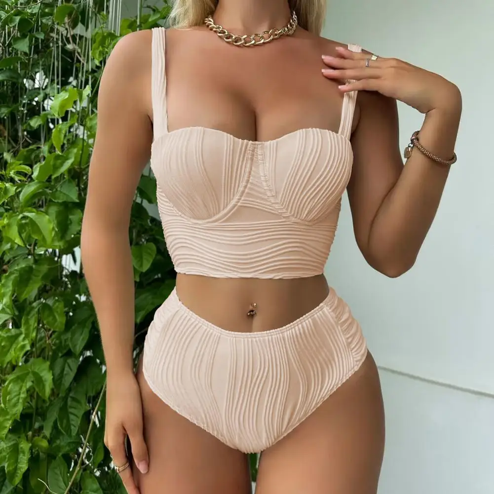 

Two-piece Swimsuit Stylish Women's Bikini Set with Underwire Bra High Waist Swim Trunks Solid Color Beachwear for Summer Fun