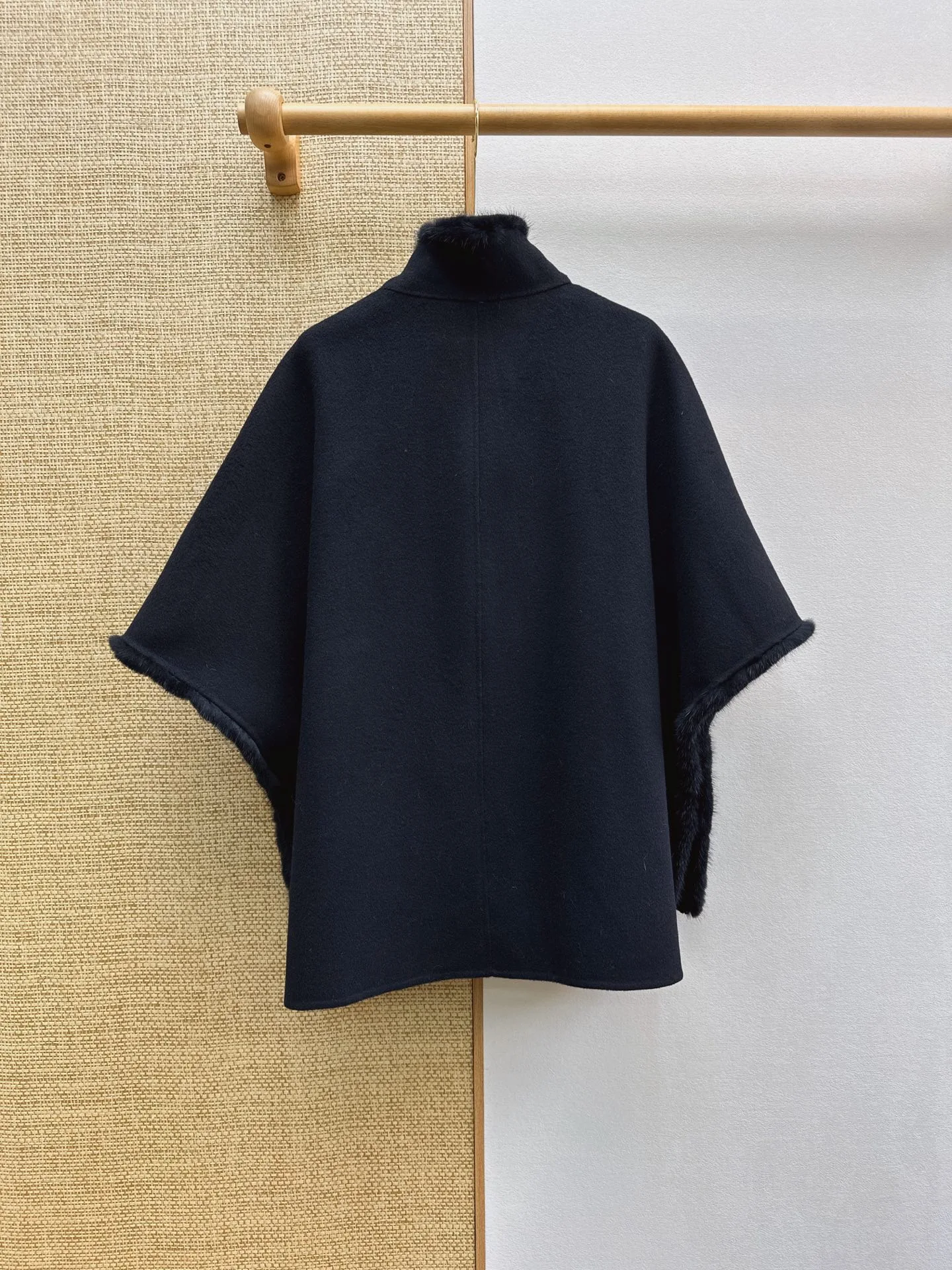 New Autumn Winter Double-faced Wool Cape Poncho, Holiday Style, Mink Fur Trim & Leather Buckle, Batwing Sleeve, Hidden Pockets,