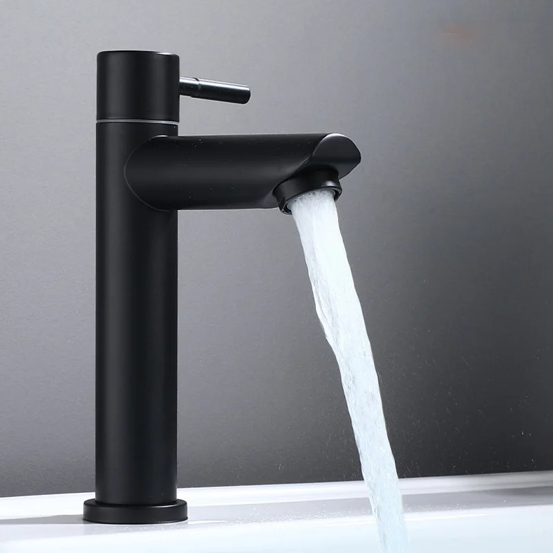 Bathroom Basin Faucet Matte Black Modern 304 Stainless Steel Waterfall Tall Sink Lavatory Vessel Tap Single Lever Cold Water Tap