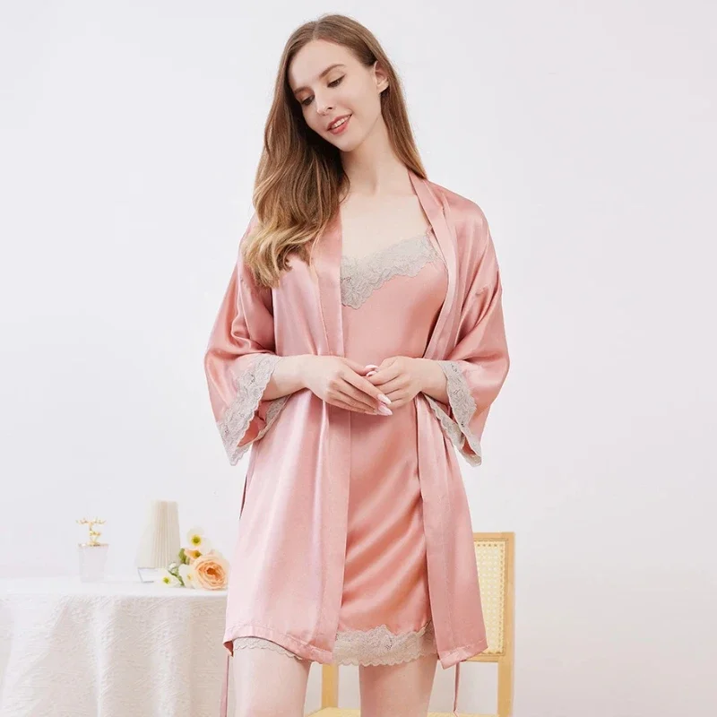 

Роскошная ночная рубашка из 100% тутового шелка и халат, женская сексуальная кружевная сорочка-комбинация, элегантное кимоно, халаты, домашняя одежда, пижамный комплект