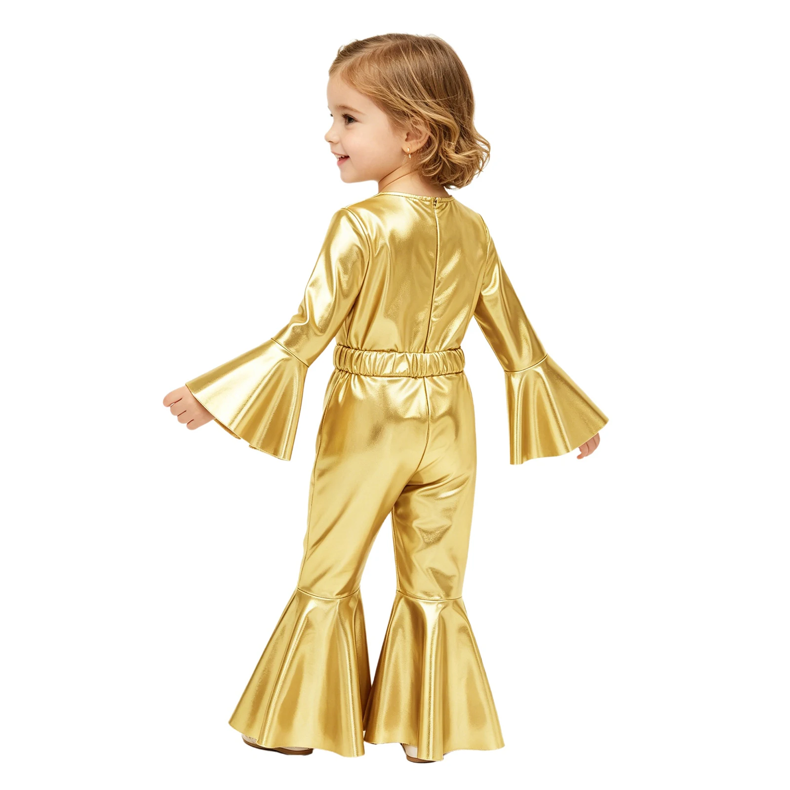 Baby Girls Metallic Romper Flared Sleeve Zipper Ruffle Bell-bottom Jumpsuit with Bow Elastic Belt for Jazz Dance Birthday Party