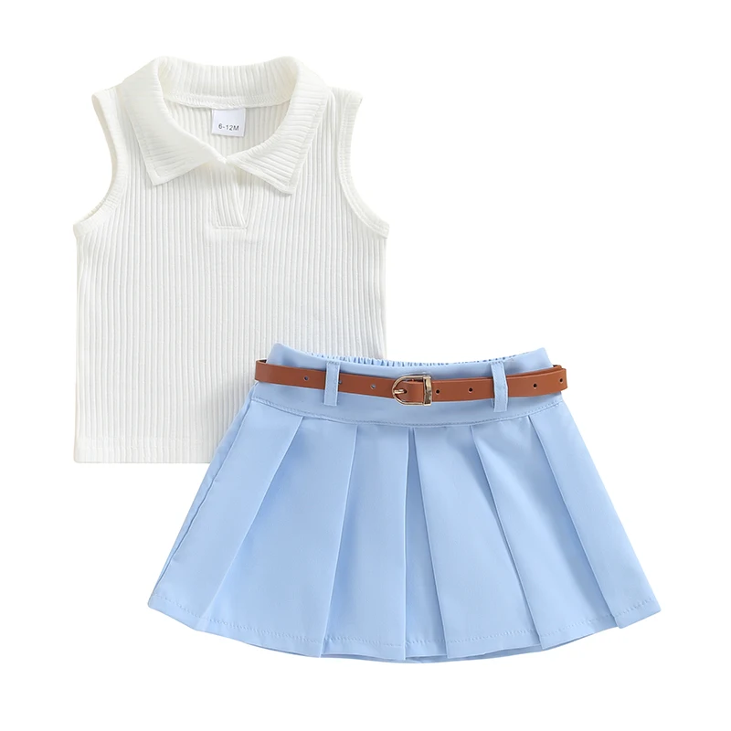 Pudcoco Kids Infant Baby Girls Skirt 2pcs Set, Turn-down Collar Tank Top with Pleated Skirt and Belt Summer Outfit 6M-5T