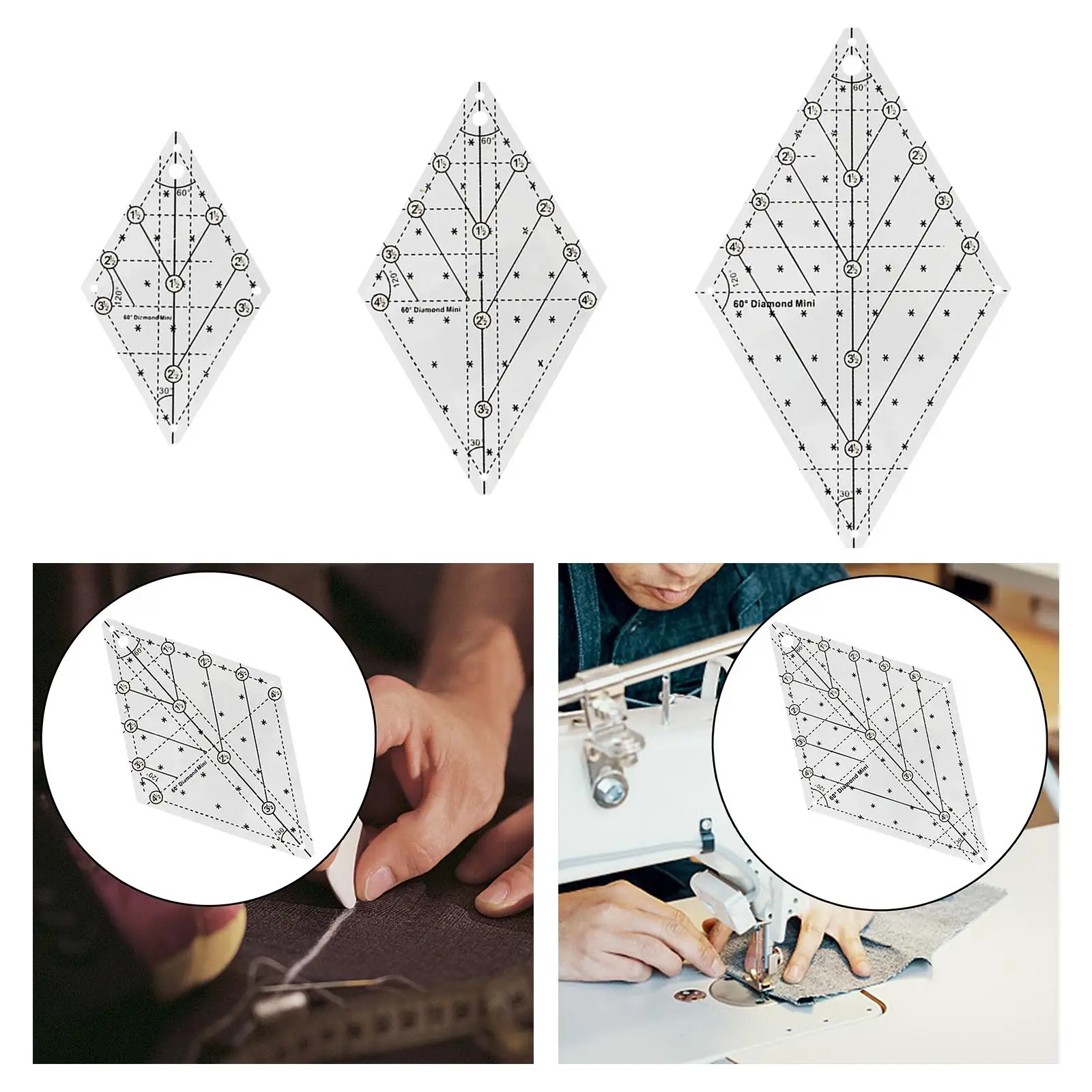 60 Degree Diamond Quilting Template Patchwork Sewing Ruler Multifunctional Template Sampler for DIY Quilting Sewing Accessories
