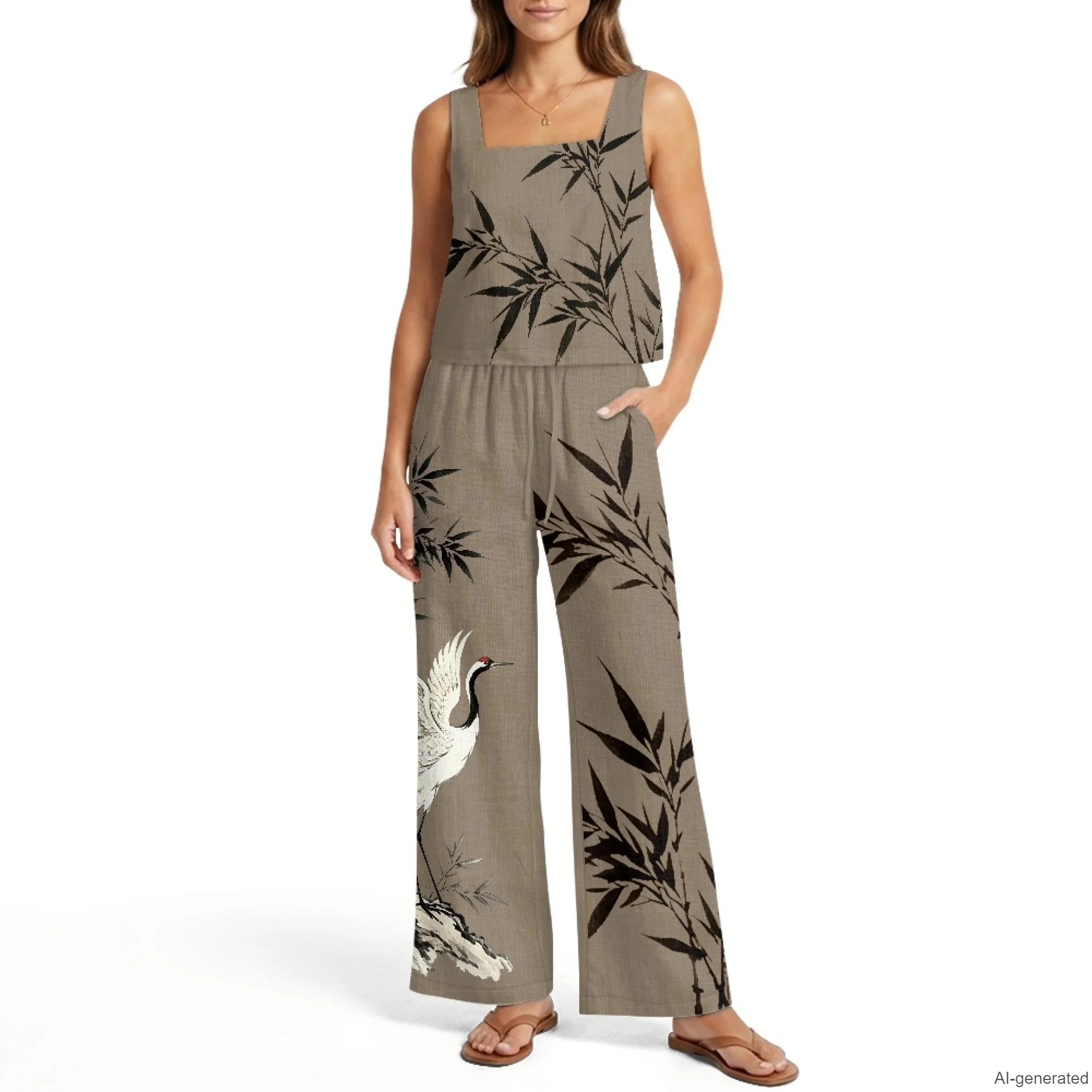 INSTANTARTS Women's Vest Wide-Leg Pants Linen Suit 2Pc Summer Casual Outfits Crane Bamboo Sleeveless Vest Wide Leg Pants S-2XL