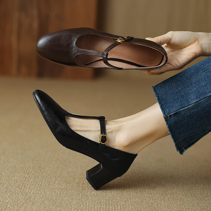 2026 new spring autumn women pumps natural leather 22-25cm sheepskin+pigskin round toe high heel t-buckle mary janes women shoes