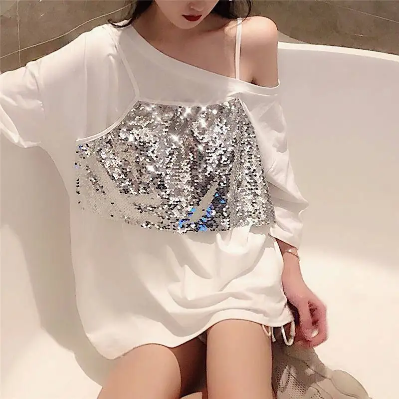 Baggy Cotton Short Sleeve Rhinestone Women's T-shirt Summer Outfit Sequin Glitter Top Female Long One Pieces 90s Vintage Y2k Tee