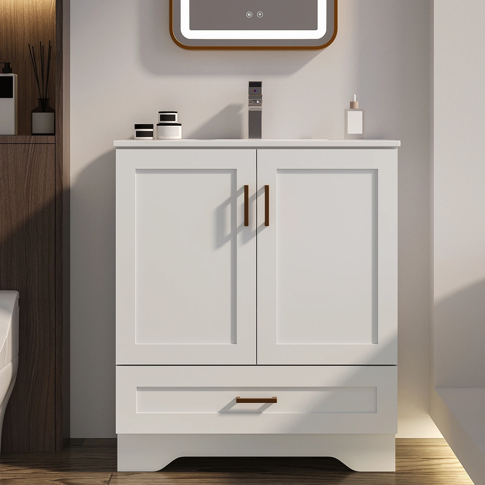 30in Freestanding Bathroom Vanity Cabinet  2‑Door Storage Cabinet With Drawer Modern Wood Bathroom Sink Cabinet Home Washroom Furniture With Sink
